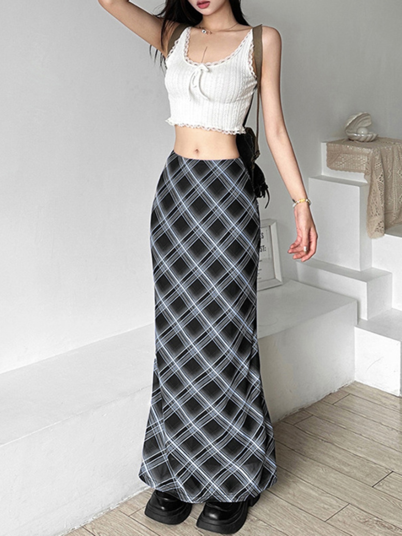 womens high waist fit long skirt grunge plaid black Temu