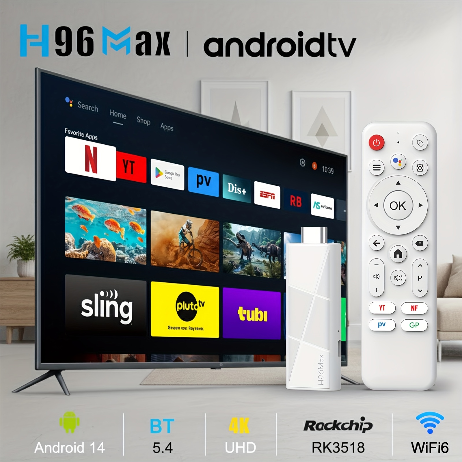 H96 Max RK3518 Smart TV Stick - Android 14.0, Connexion Sans Fil, Lecteur Média Tout-en-Un Ultra HD, Prise en Charge 4K@60fps, Double WiFi 2.4/5G & BT5.4, Contrôle Vocal avec Télécommande, Ports USB2.0, Alimentation par USB pour Appareil de Streaming de Divertissement à Domicile | Design Compact et