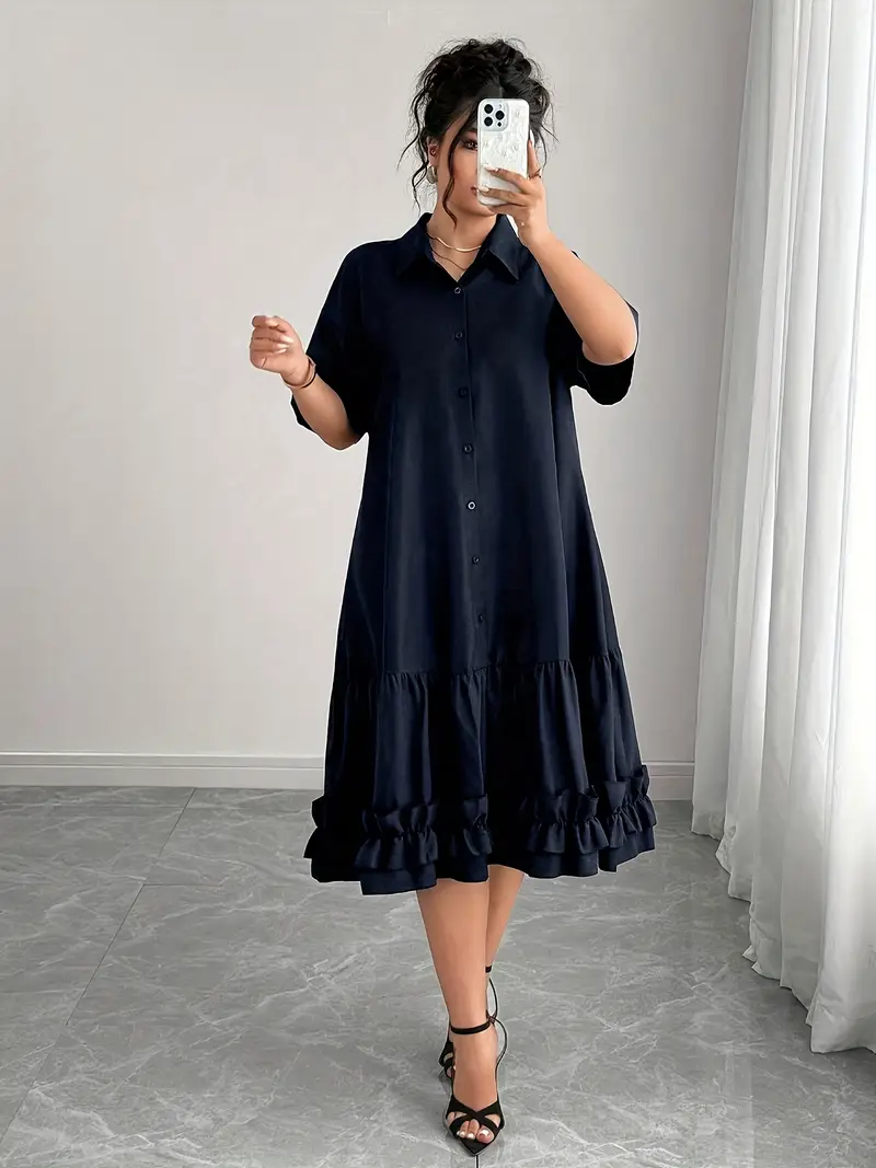 plus size navy blue casual dress Scomchic Plus Size Dress for Women Casual Long Sleeve Scoop Neck Front Button Swing Midi Tunic Navy Blue Dress 2XL, Women's