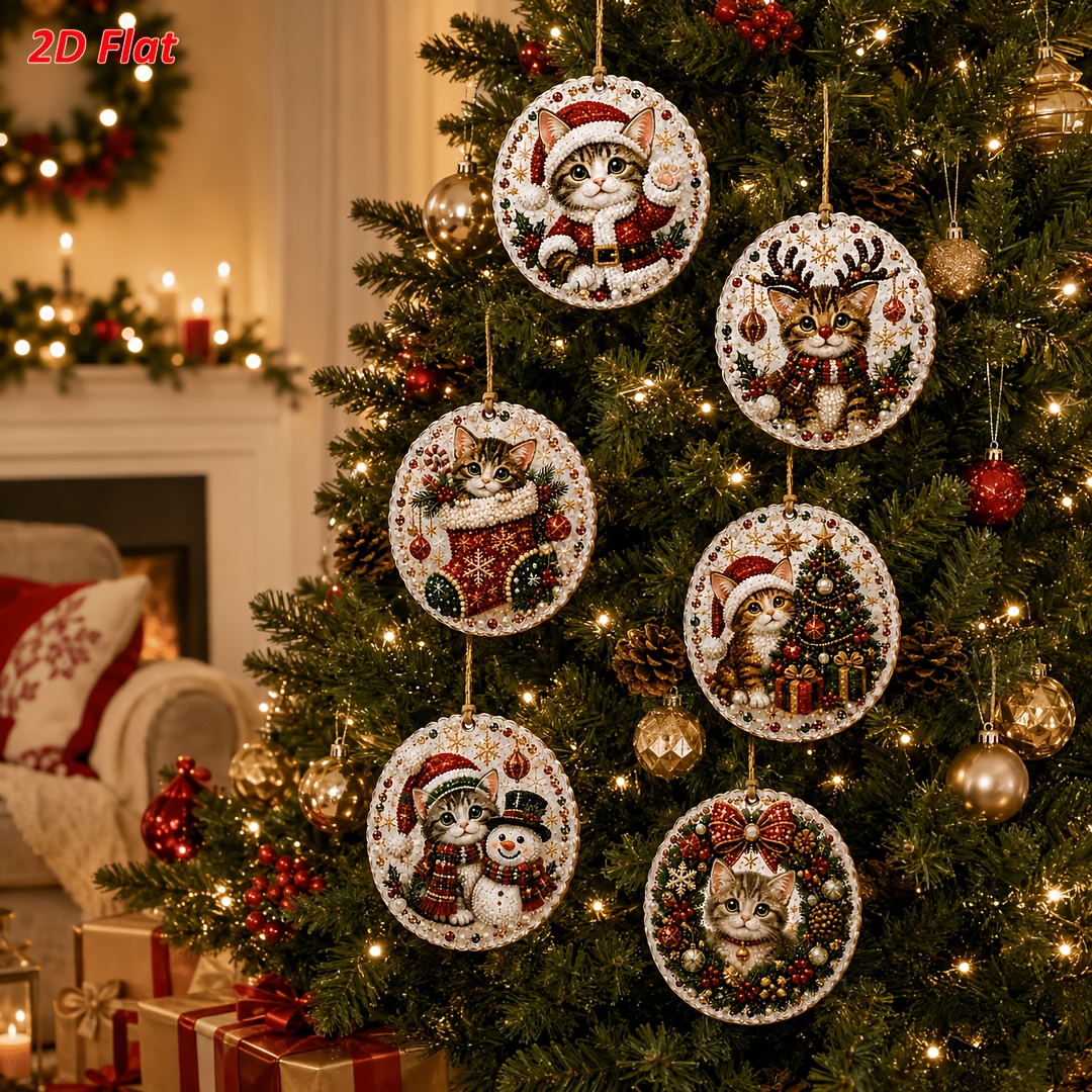 TEMU 6pcs Set 2d Flat Christmas Cat Diy Pearl Diamond Painting Wooden Tag Hanging Ornament, 3.07 Inch , Complete Handmade Diamond Painting Kit,