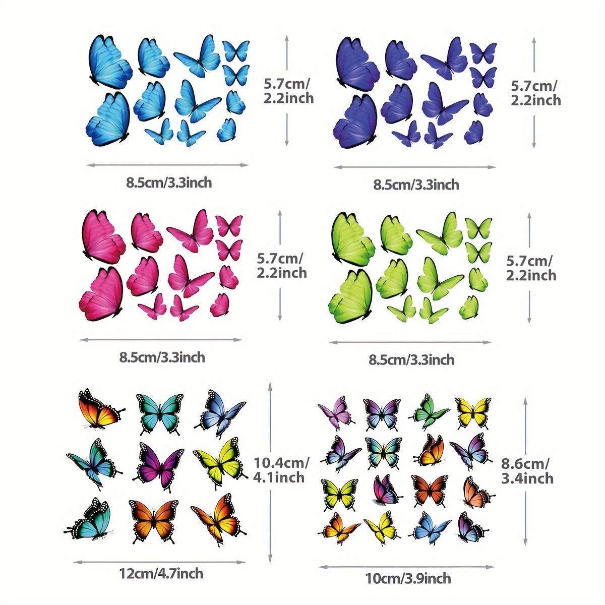 A Set Of 6 Small Colorful Heat Transfer Prints For Clothing, T-shirts, Bags, And Pillows, Featuring Realistic Animal Patterns And Cartoon Butterflies That Are Cuttable, Washable, And