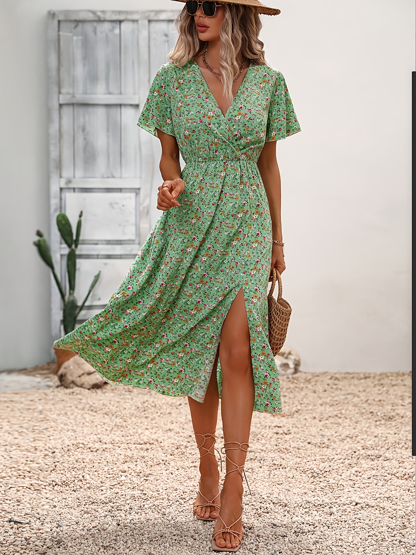 womens casual floral print cross neck short sleeve dress Temu