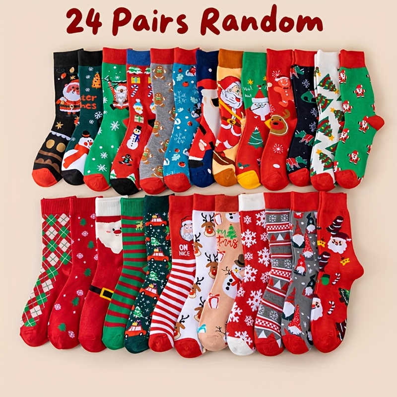 Image of Random 24 Pairs Teenager Santa Claus Christmas Tree Reindeer Dinosaur Gingerbread Man Etc. Christmas Theme Patterns Comfortable Cute Mid-calf Socks Christmas Gift, For Teenager, For Teenager