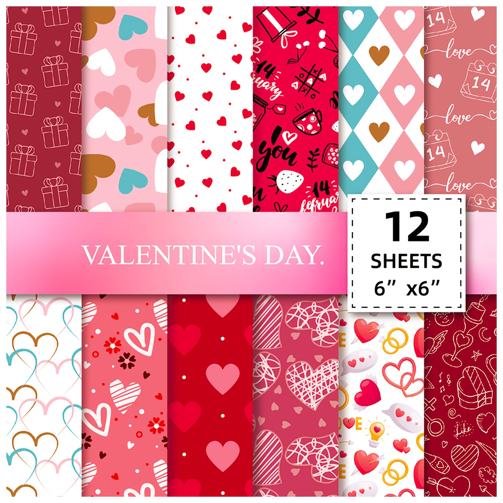 

12-pack Valentine's Day Themed 6x6 Inch Paper Sheets, Assorted Love Heart Designs, Small Pink Craft Paper For Diy Cards, Collage, Scrapbooking, And Art Projects