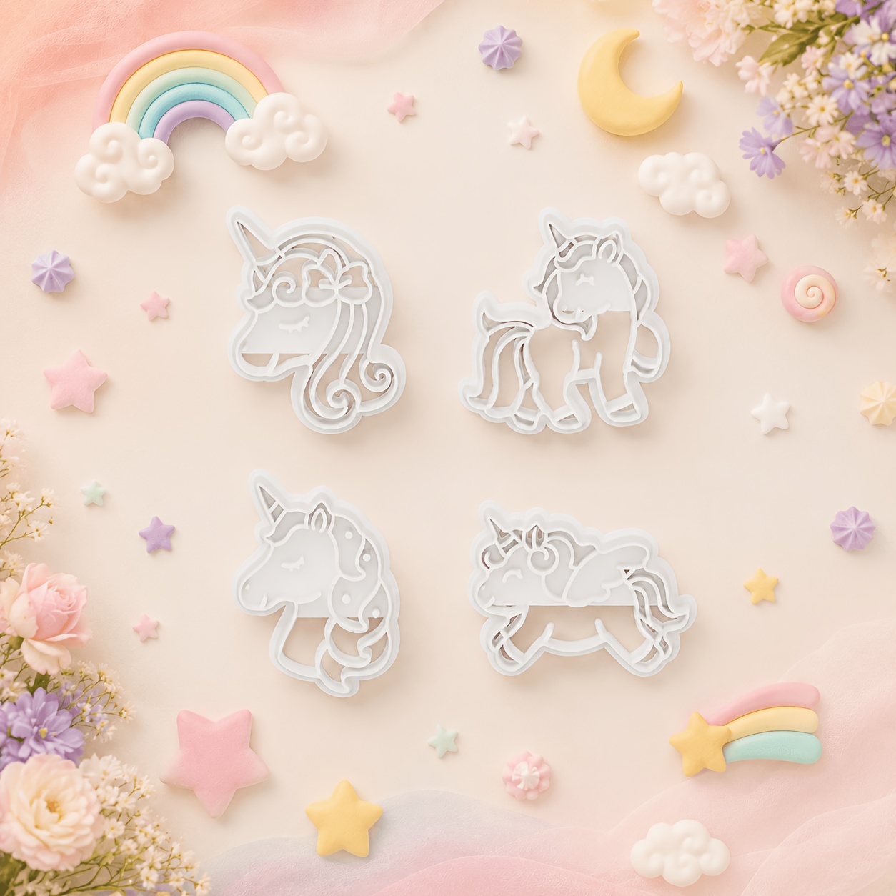 TEMU 4pcs Dream Unicorn Polymer Clay Cutter, Various Cartoon Unicorn Clay Molds, Cartoon Unicorn Shaped Clay Molds, Daily Scene Jewelry Making Tools,