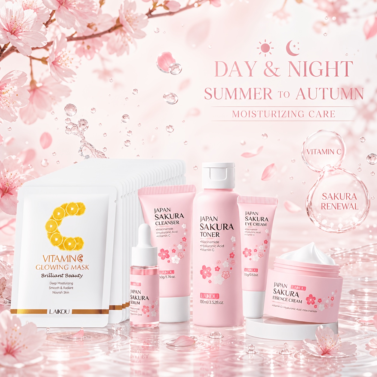 Image of Laikou Sakura 5pcs Skincare Set, With 20pcs Vitamin C Face Masks, Refreshing And Moisturizing Skincare For Summer, Non-greasy, Suitable For Types, Birthday Gift, Graduation Gift