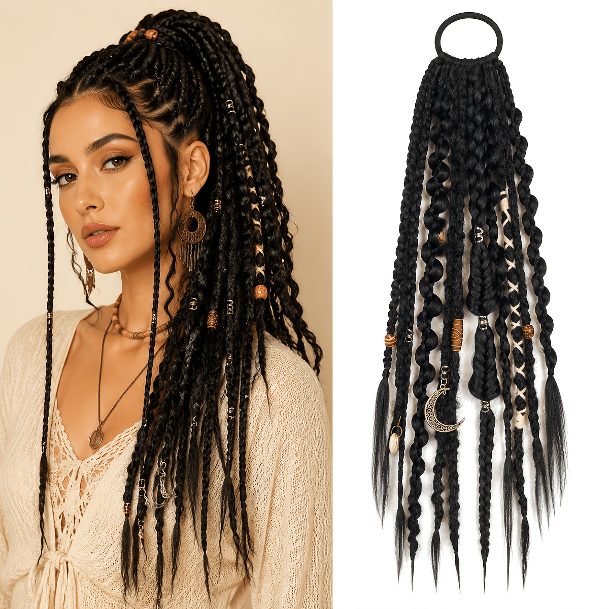 TEMU intrecciata con elastico , a boho con aggiunte decorative, extension per capelli intrecciati per capelli da donna per acconciature e da festival