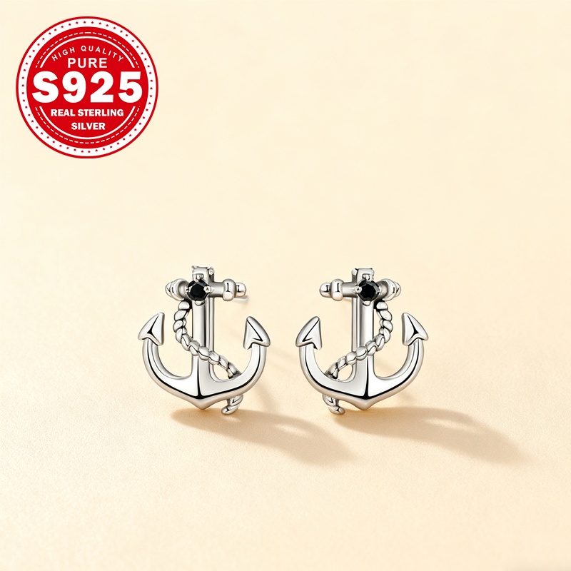 Women's S925 Silver Anchor Stud Earrings with Zirconia Accents