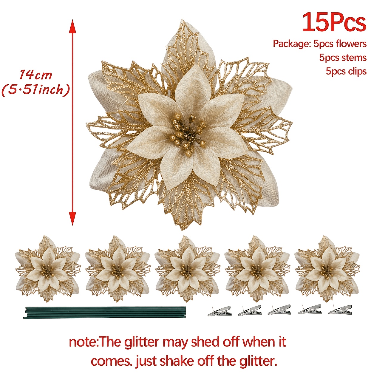 TEMU Lot de 15 pièces, Fleurs artificielles de Noël, 5,51 x 5,51 pouces, 5 fleurs brillantes, avec 5 pinces et 5 tiges, Décorations Noël, Ornements