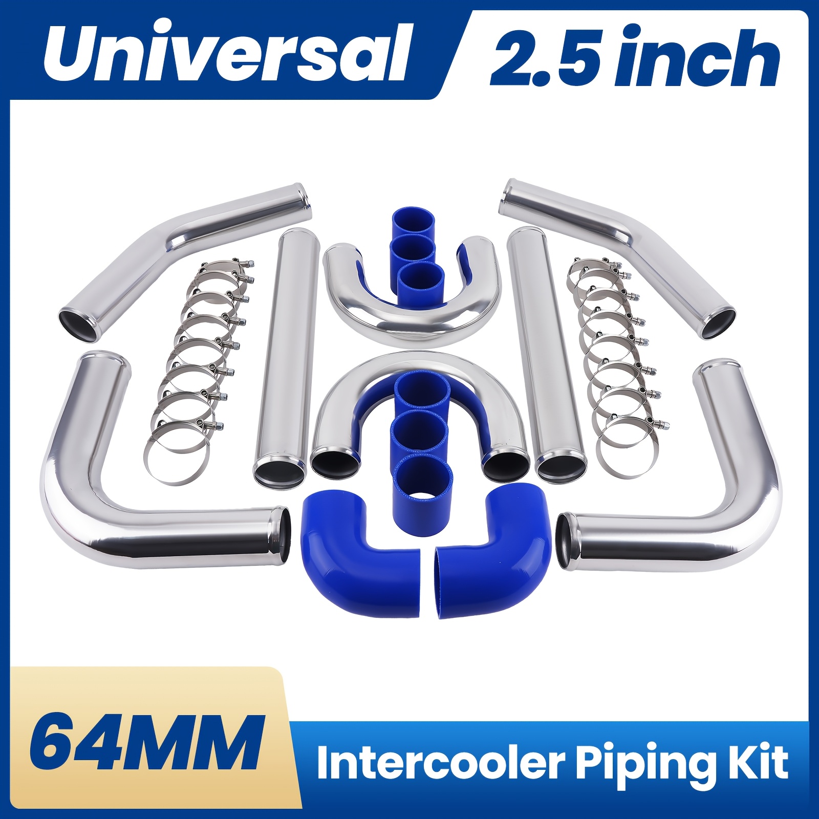Universal 3in 76mm & 2.5 Inch Aluminum Turbo Intercooler Piping Kit, Blue Silicone Hose And Clamp Complete Replacement Set