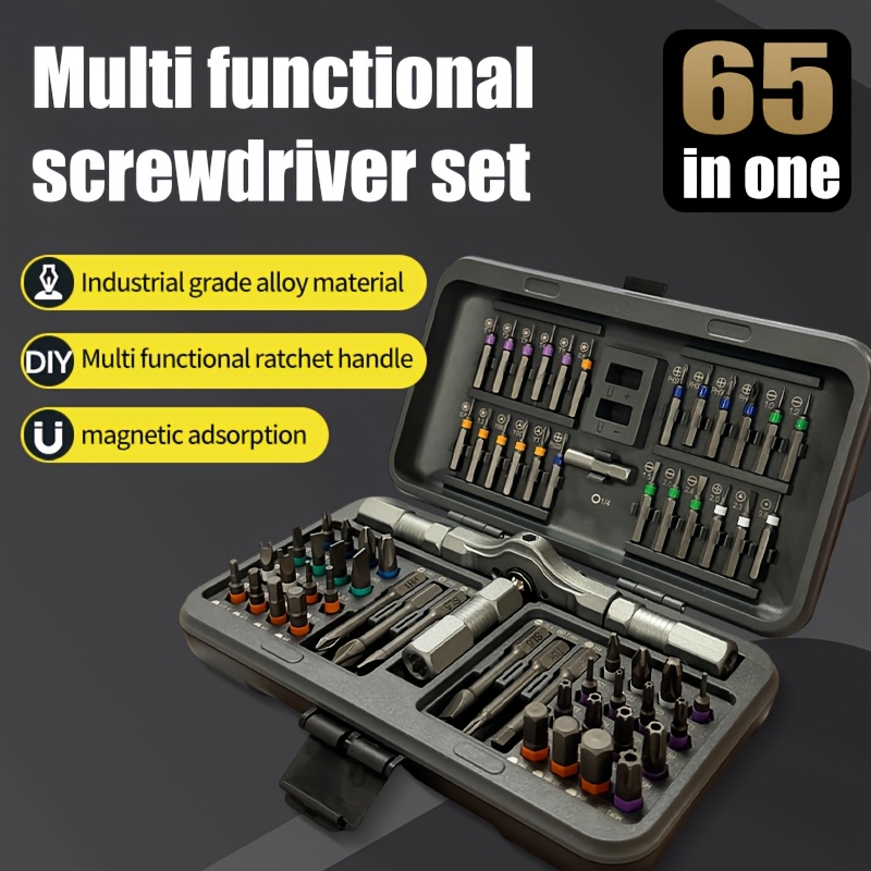 TEMU Upgraded Magnetic Screwdriver Set: 65in1 Ratchet Screwdriver Tool Kit With T-handle, Effort-, Multi-variable Shaped Bits, Uy, Torx, Triangle
