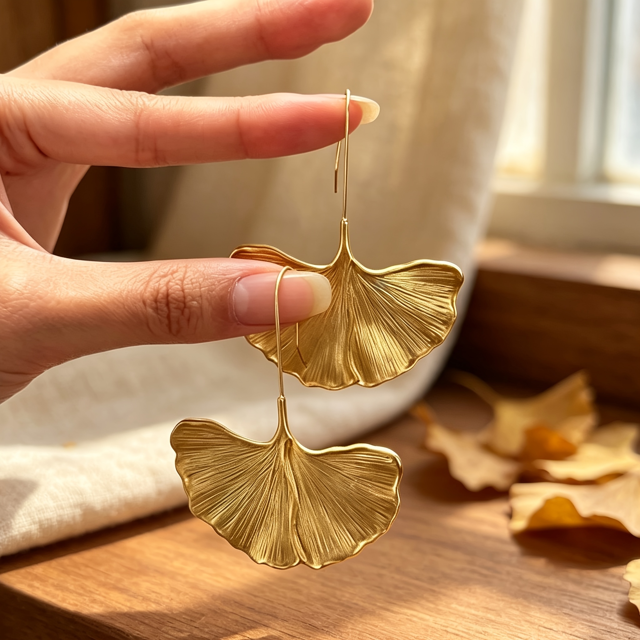 Women's Retro Ginkgo Leaf Shaped Long Earrings with 3D Texture