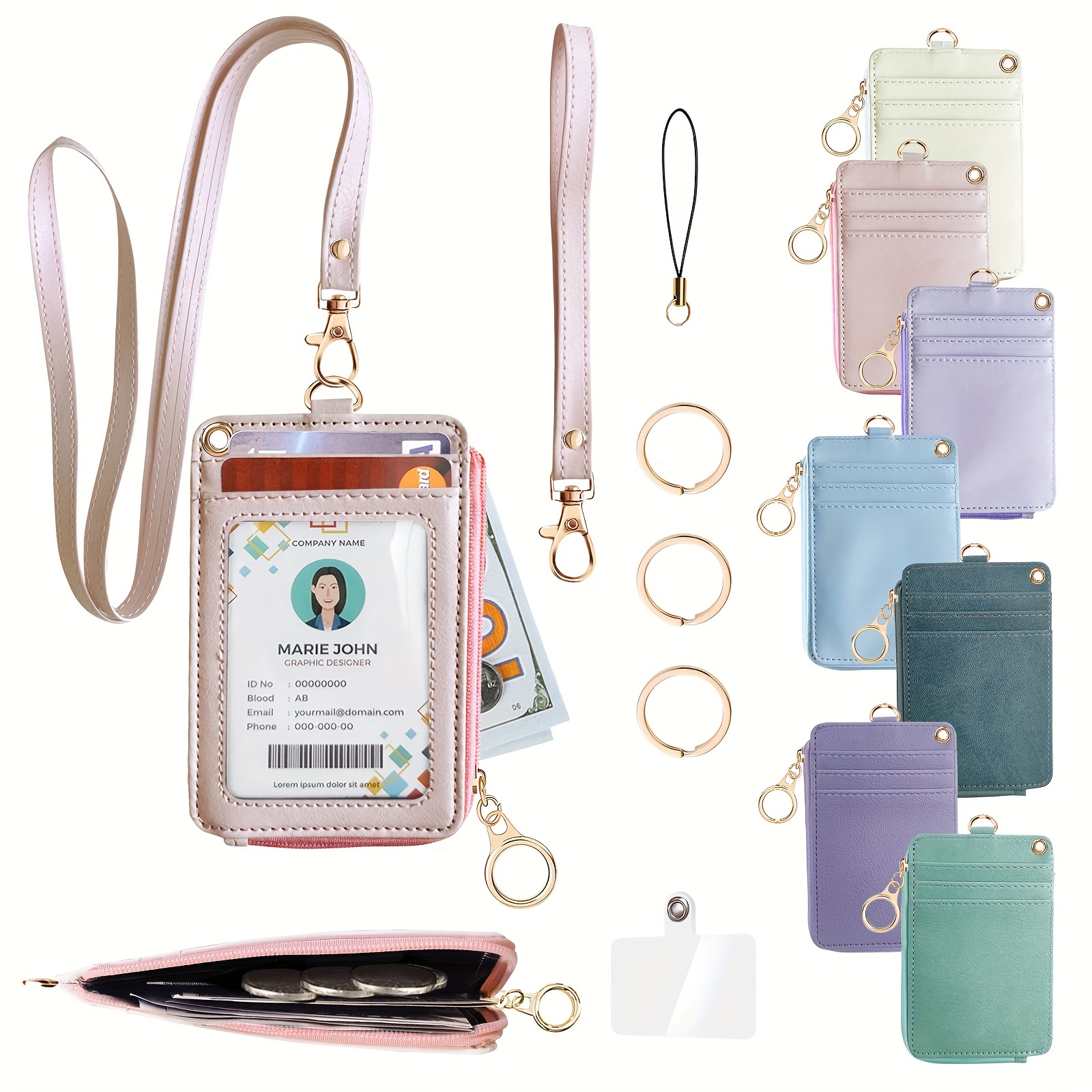 2in 1 wallet id card holder with 1 neck lanyard 1 wrist lanyard 3 key rings 1 cell phone lanyard pu leather card case with zipper portable keychain   purse storage pouch for women badge holder