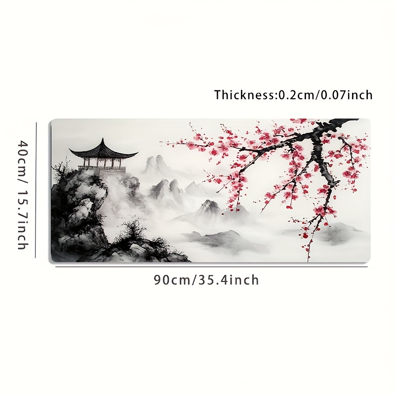 1pc Large Size Mouse Pad, Ink Wash Mountain And Ancient Landscape Pattern, Non-slip, Washable Rubber Bottom Large Size Desk Mat Office Desk Accessory