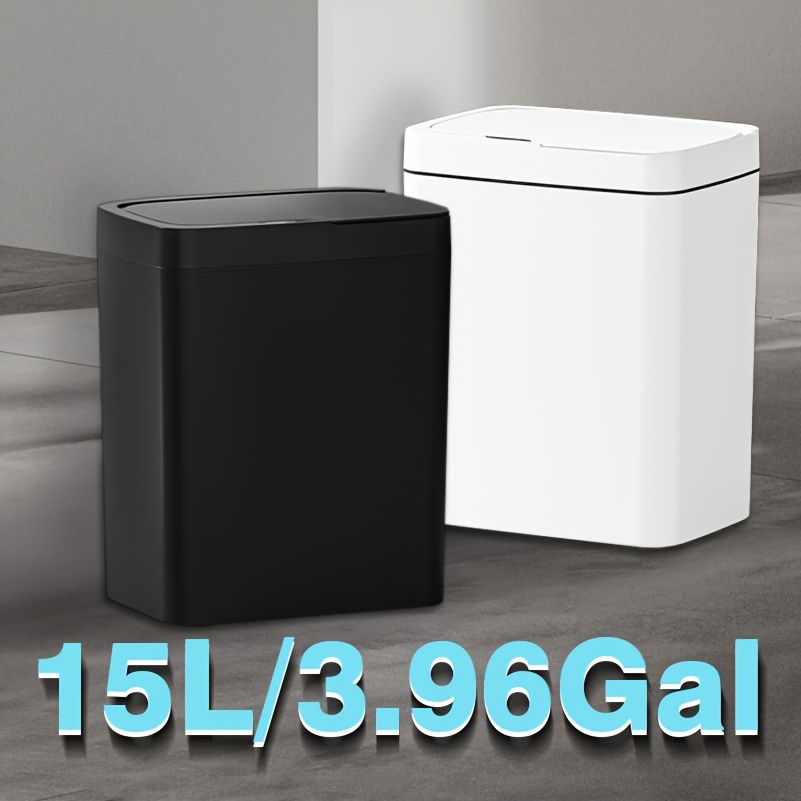 15L/3,96 Gal Intelligenter Sensor-Mülleimer mit leisem Schließmechanismus & Geruchsversiegelungssystem, Automatischer Deckel per Bewegungsmelder, Modernes Weiß-Schwarz Design (Batterien nicht enthalten) – Ideal für Küche, Bad, Wohnzimmer - Langlebige Kunststoffkonstruktion, Energieeffizienter Smart Bin vielseitig einsetzbar, Schlankes rechteckiges Design, geruchsdicht  laufruhiger Betrieb, perfekt für den Hausgebrauch, Intelligenter Mülleimer für das Badezimmer,