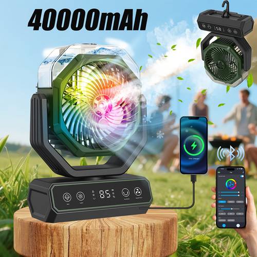portable fan with 16 rgb colors featuring a 40000mah usb c fast charging operates under 30db ideal for home office camping and yoga it a hook model timer and can serve as an emergency power supply