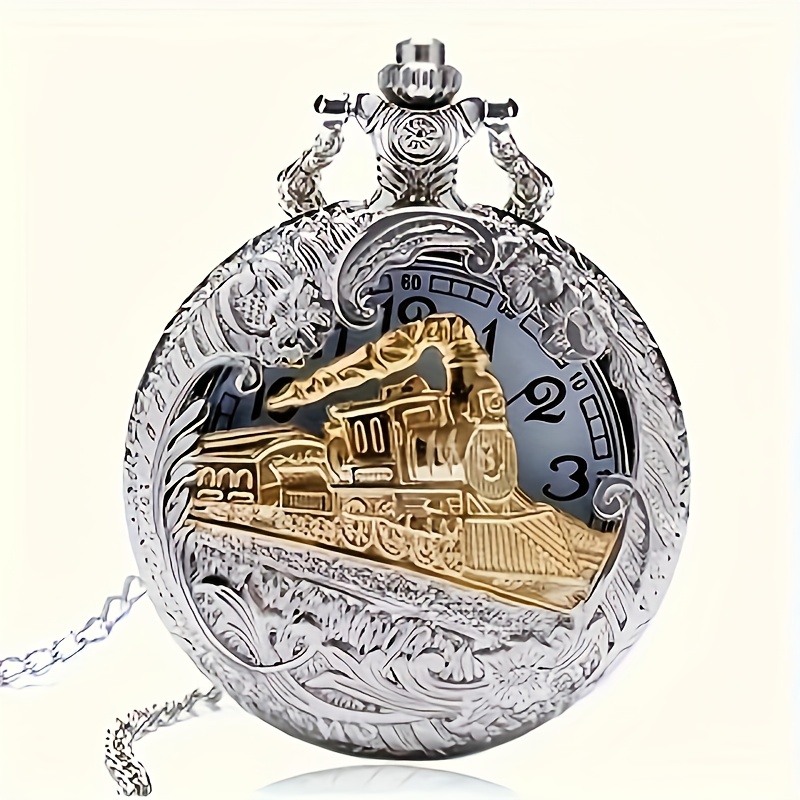 Image of Classic Openwork Steam Train Engraved Quartz Pocket Watch 'silvery Necklace' Men's Wall Clock, Gift For Boys, Holiday Gift, Present