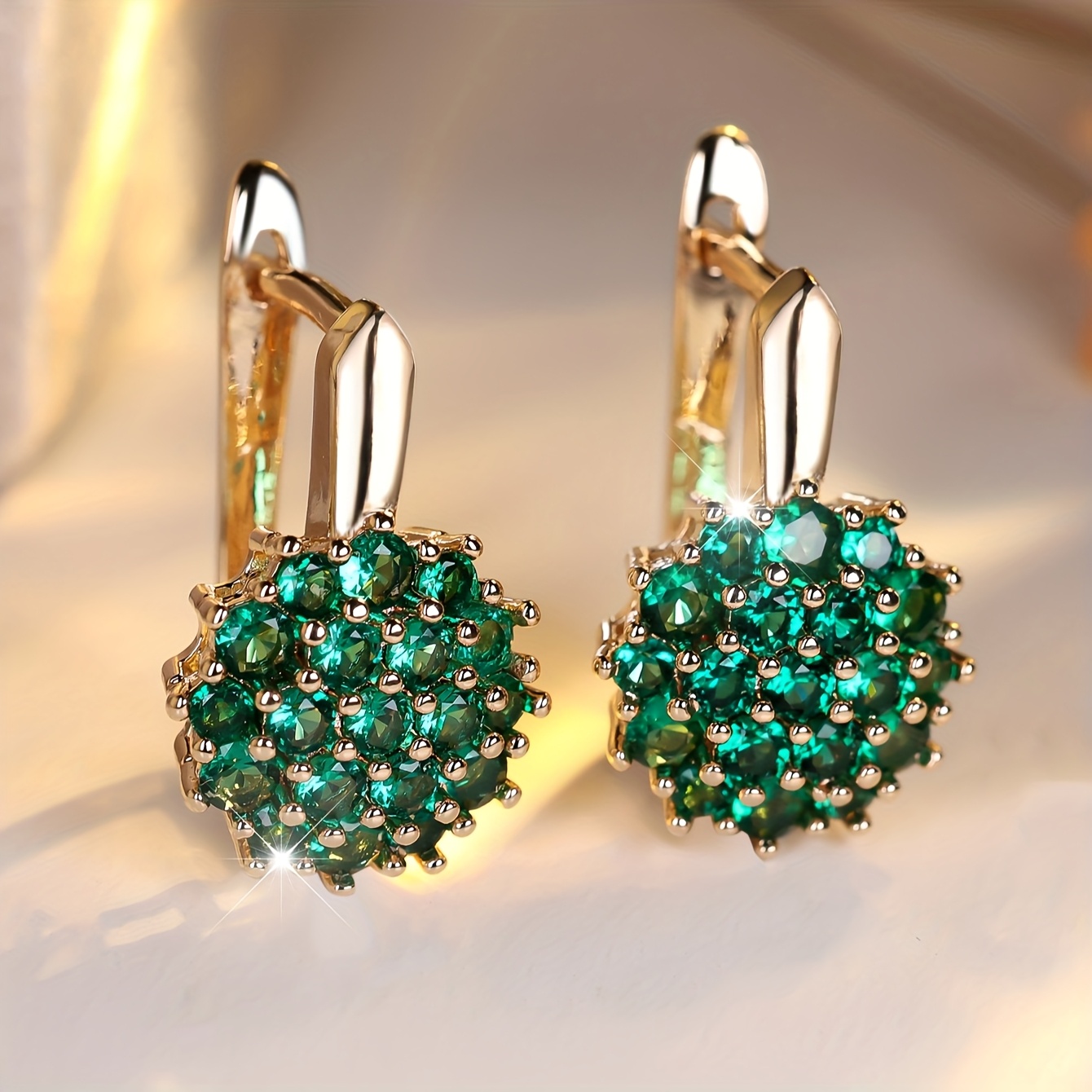 A Pair Of Classic Sunflower Women's Round Synthetic Synthetic Zirconia Earrings With Green Sunflowers, Rose Golden And Silvery, Wedding Flower Jewelry, Engagement Gift