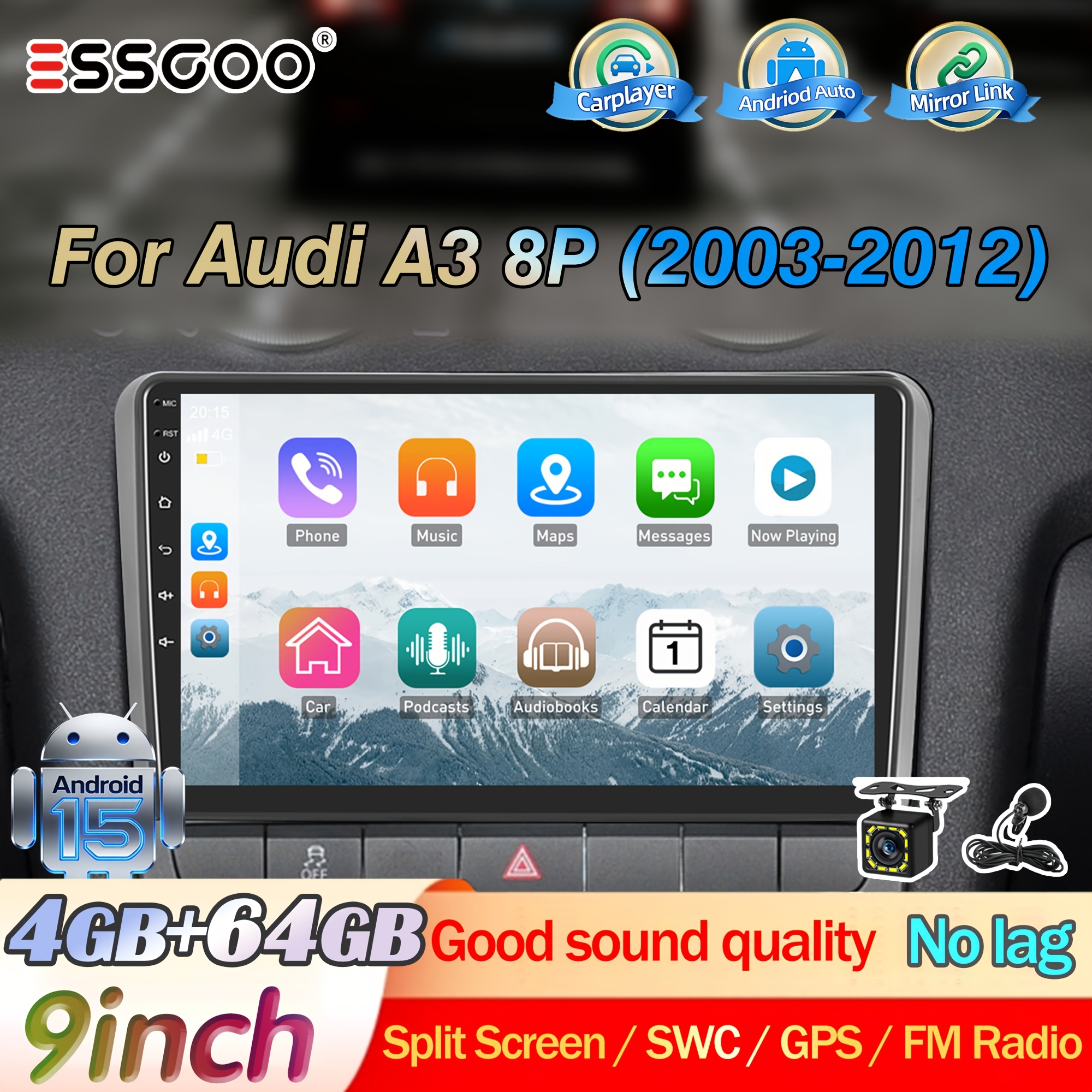 Image of Essgoo A3 8p 15 Car Stereo With 4+64gb | 9 Inch Ips Screen With Built-in Frame | And Auto | Fully Compatible With Canbus | Steering Wheel Controls | Ready For Rear Camera | Fm Rds | | 12led Camera |