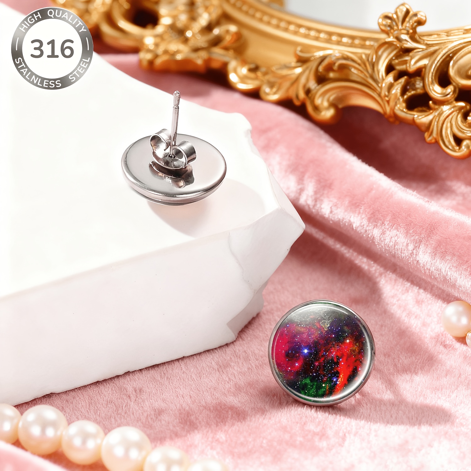 2pcs Set Stainless Steel Non-Piercing Earrings with Colorful Nebula Patterns