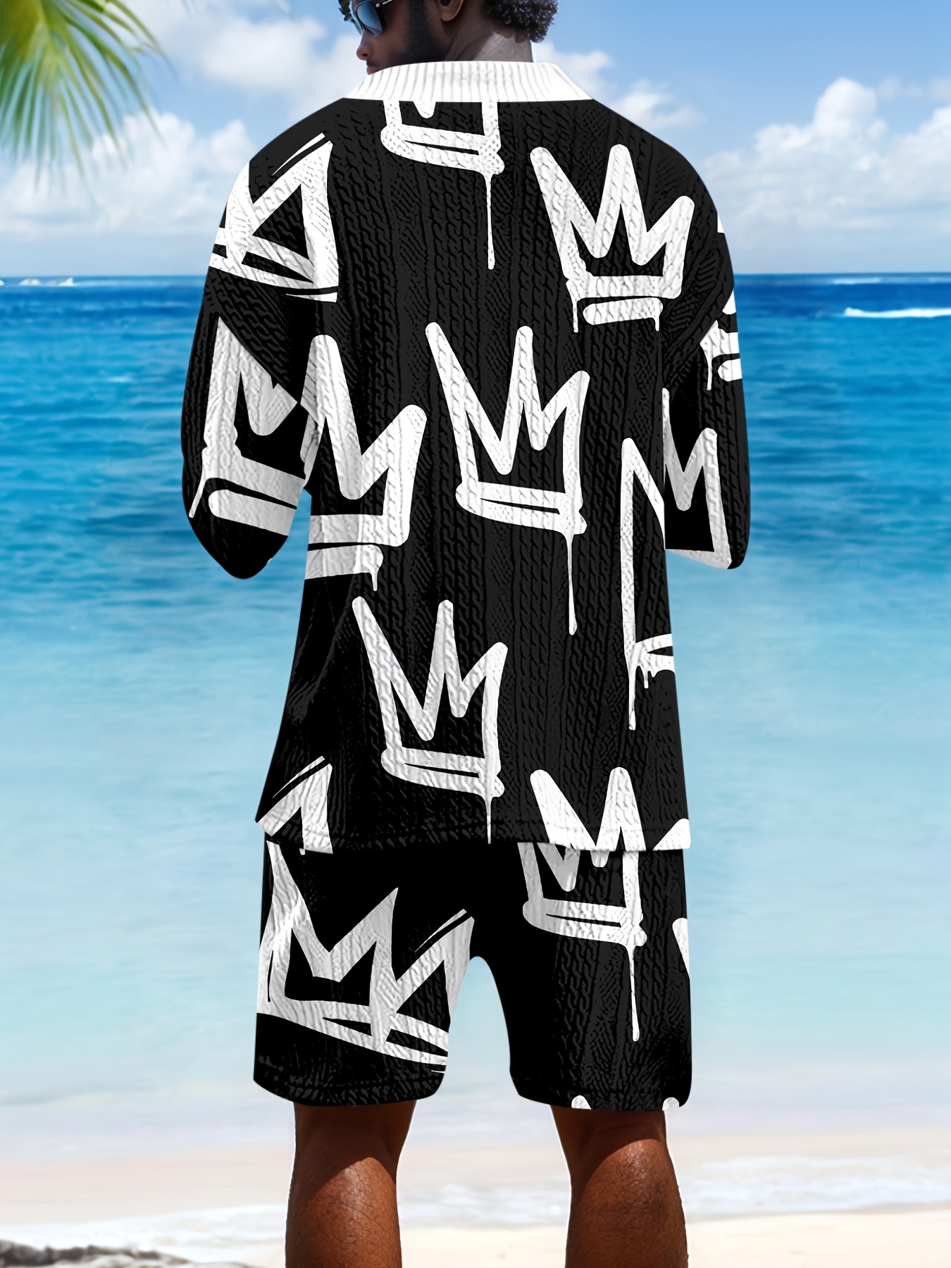 Beach casual jacquard Men's set, summer loose digital direct-spray knitted short-sleeved top and shorts