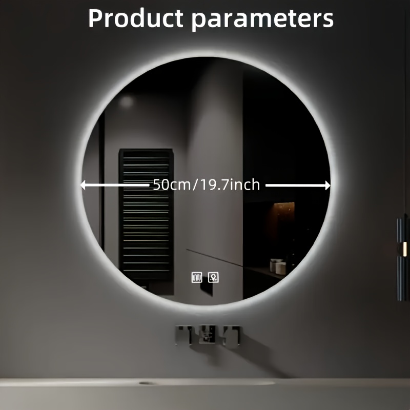 TEMU Espejo de baño inteligente de 50 cm/19.7 pulgadas de diámetro con atenuación, ajuste de color y funciones de deshumidificación, atenuación ,