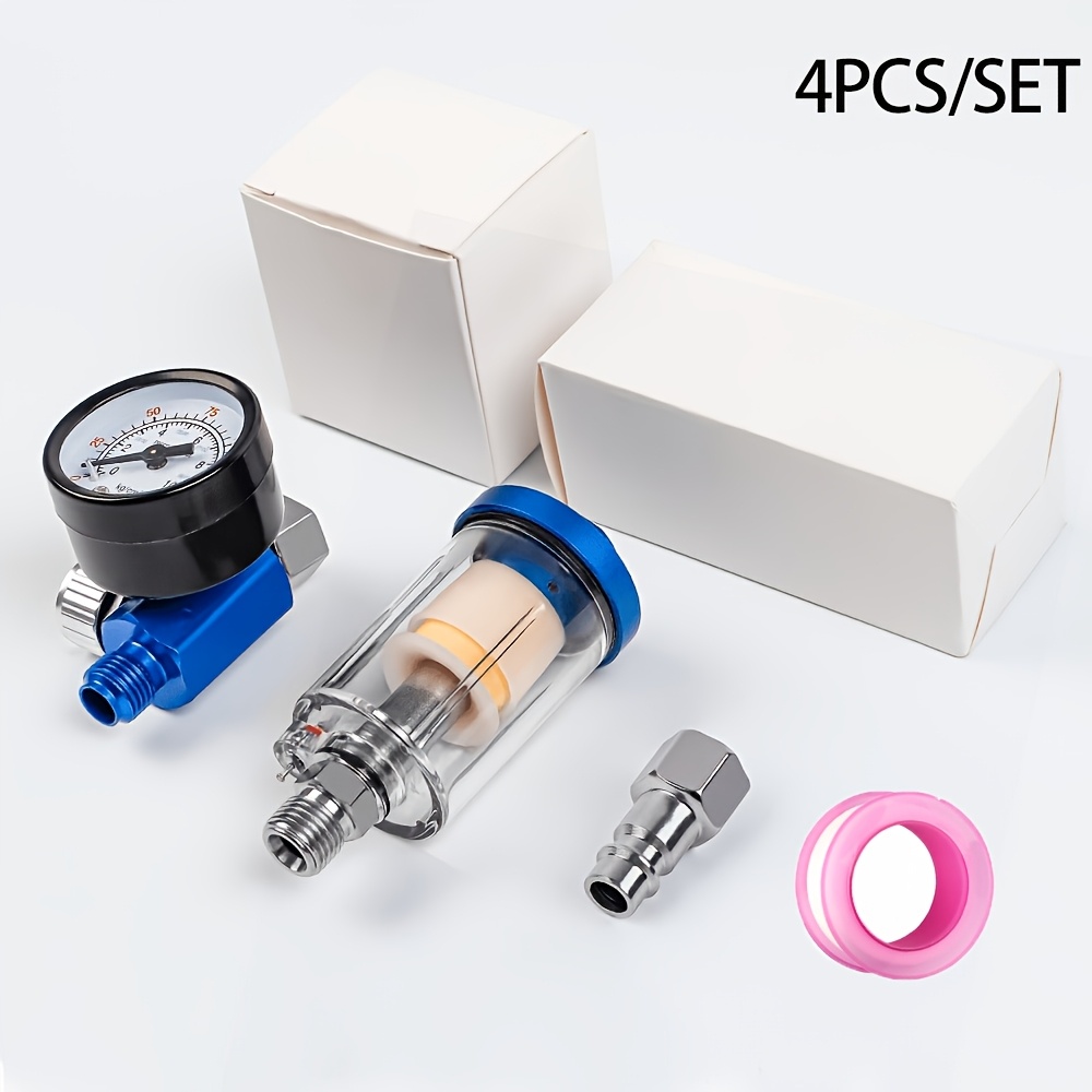 TEMU Ensemble de 4 pièces comprenant un régulateur de pistolet à peinture et un kit de manomètre, filtre séparateur d'huile 1/4", valve de régulation