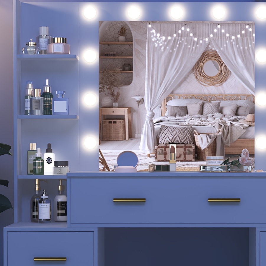 Image of Girls' White Led Vanity Table With Mirror - Modern Dressing Table Suitable For Teen Girls Room, Mirror & Compact Storage, Assembly, Space-, Christmas Gift For (contemporary Wood Furniture)
