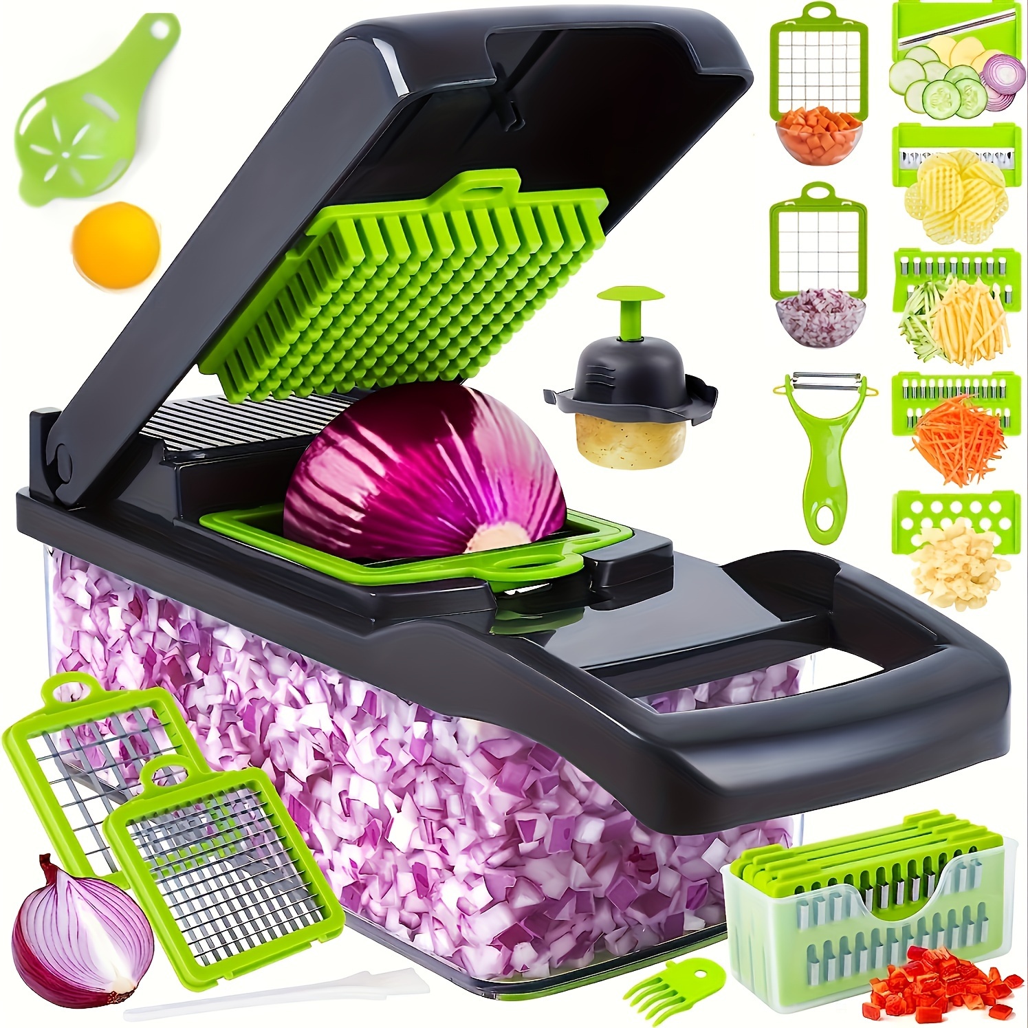 16 in 1 manual vegetable chopper dicer set superchop pro onion tomato cutter lemon squeezer 13 blades bpa free container no electricity needed kitchen essential details 0