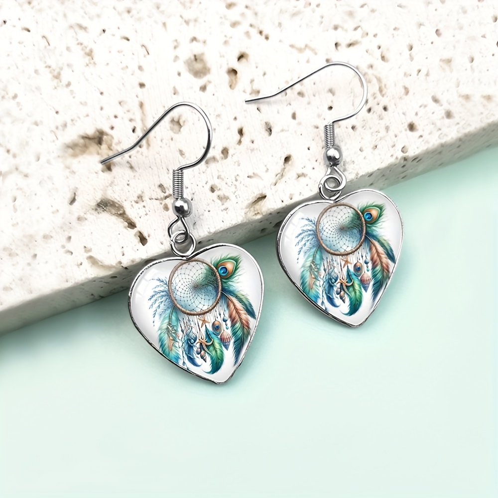3pc Peacock Feather Heart Necklace & Earring Set, Gift for Her