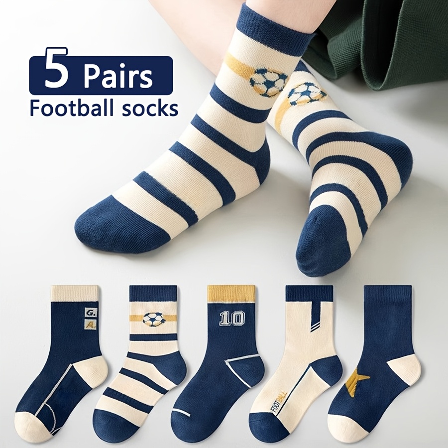 5 Pairs Boys' Mid-calf Soccer Striped Socks | And Elastane Knit Fabric, Hand Wash Only