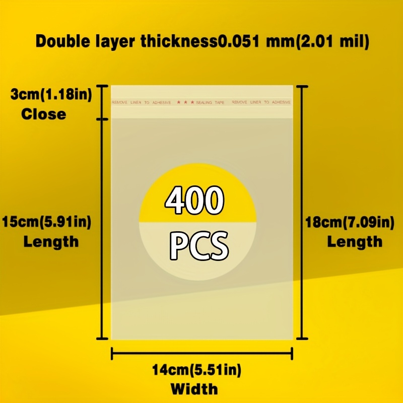 TEMU 400 Transparent Plastic Bags, Opp Transparent Plastic Bags With Adhesive Closure, Cellophane Bags, Double Layer Thickness 0.051mm, Jewelry