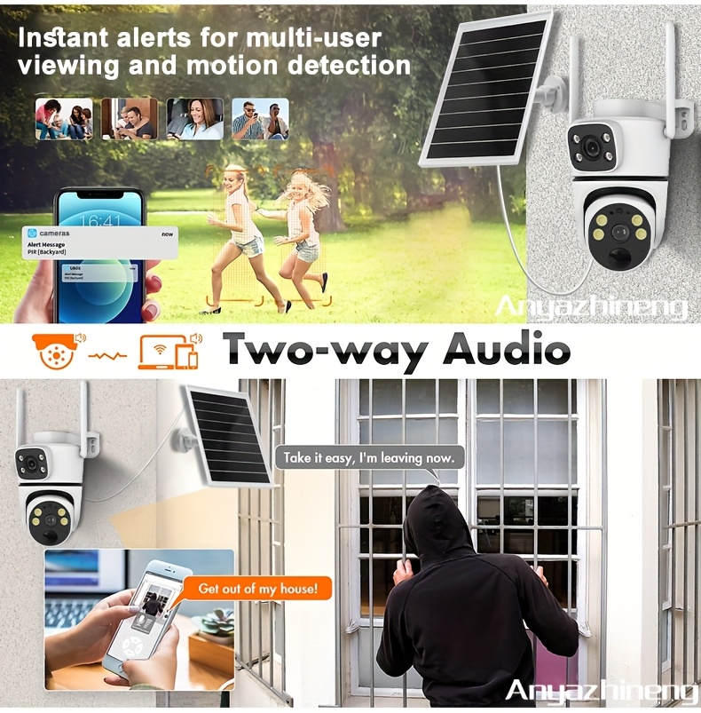 1pc ANYAZHINENG Solar Powered Dual-Lens Security Camera, 1080p HD PTZ Night Vision, Motion Detection, Two-Way Audio, Wi-Fi Enabled, App Controlled, Non-Waterproof, for Home//Pet Monitoring details 1