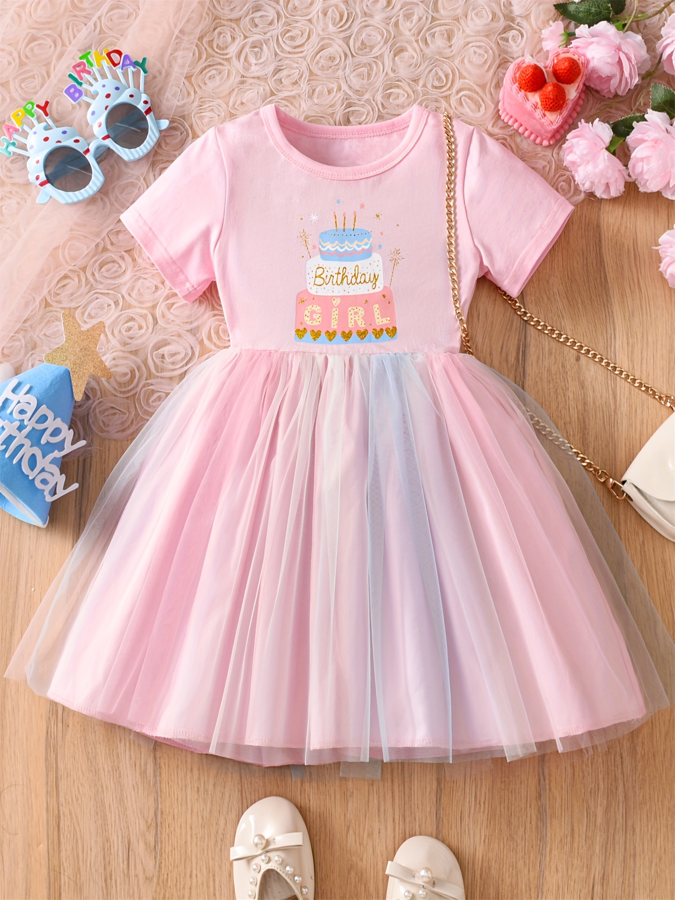 Girl's Birthday Cake Letter Print Cute Short Sleeve Crew Neck Casual Mesh  Skirt for 4-8 Year Old Girls, Suitable for Birthday Wear