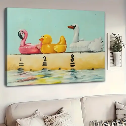 2D Flat 1pc with Frame, Canvas Material, 2D Painting, Floatie Race by The Swimming Pool Decorative Posters, Wall Art, Crafts, Easter Promotional Items, Perfect Gifts for Mom And Dad