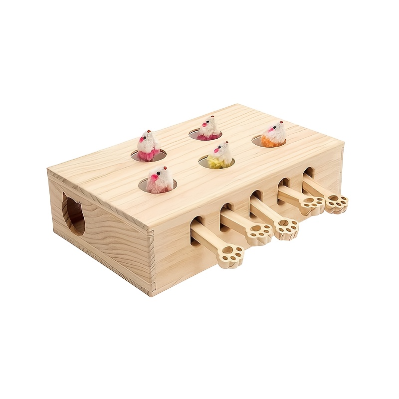 Solid Wood Cat Toy with Bop-A-Mole Game – Interactive Hunting &amp; Claw Grinding Box for Cats and Kittens, Fun Cartoon Design, Paw Print Holes, Relax Play Toy, Interactive Cat Toy
