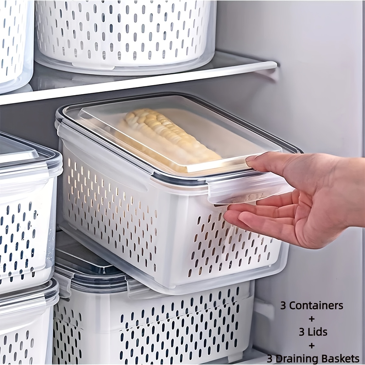 9pcs (3 Containers + 3 Lids + 3 Draining Baskets) Plastic Food Storage Containers - Leak-Proof, Freezer-Safe, Reusable Multi-Purpose Kitchen Storage Boxes, Suitable for Fruits, Vegetables, and most of Food