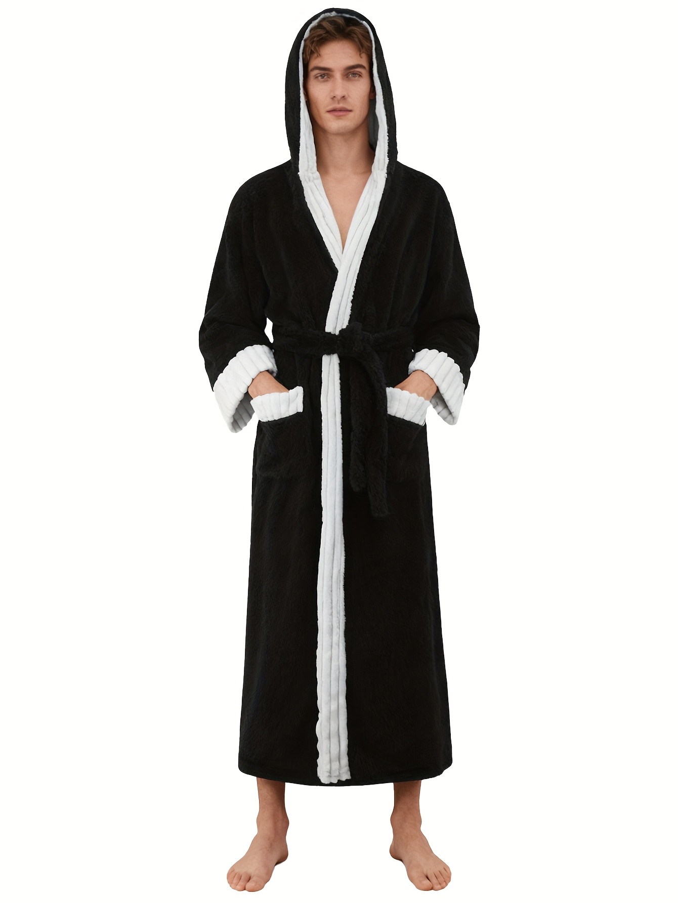 Men'S Classic Hooded Bathrobe | Thick, Warm, Breathable, Skin-Friendly Flannel Robe with Lace-Up Detail, Perfect for Fall/Winter, Casual Style, Long Sleeve, Belted.