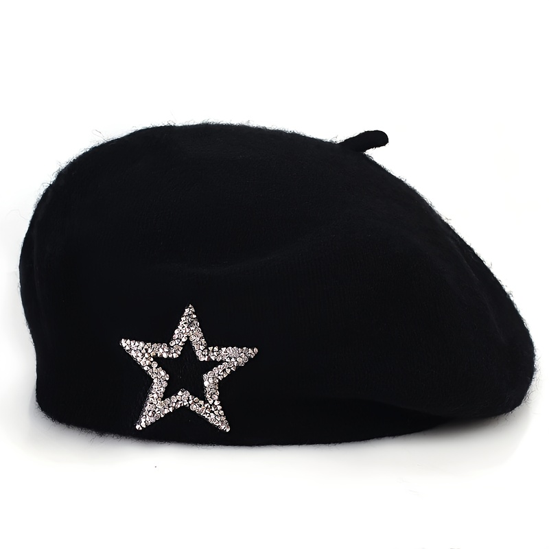 1pc New Autumn/winter Solid Color Five-pointed Star Wool Women's Beret Beanie, Multiple Colors