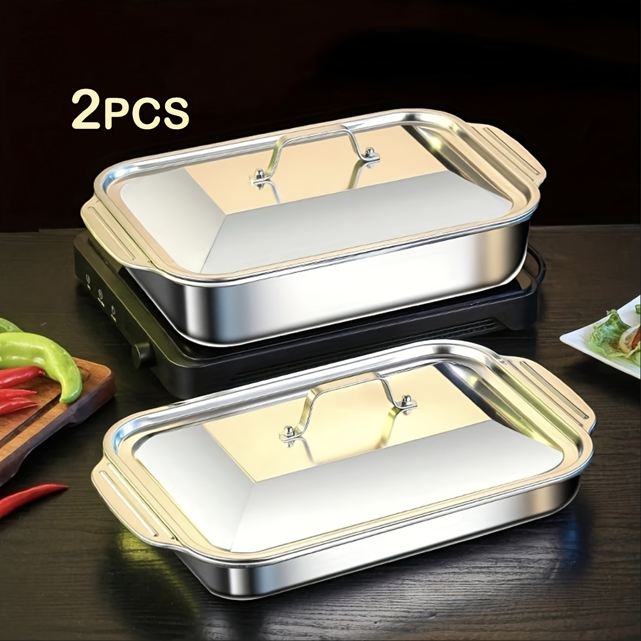 TEMU 2 Sets Stainless Steel Baking Pans With Lids Rectangular Grill Pan, Dessert Pan, Dual-handle Roasting Tray, Seafood Platter, Integrated Bbq Serving Dish For Buffets, Multi-source Heating