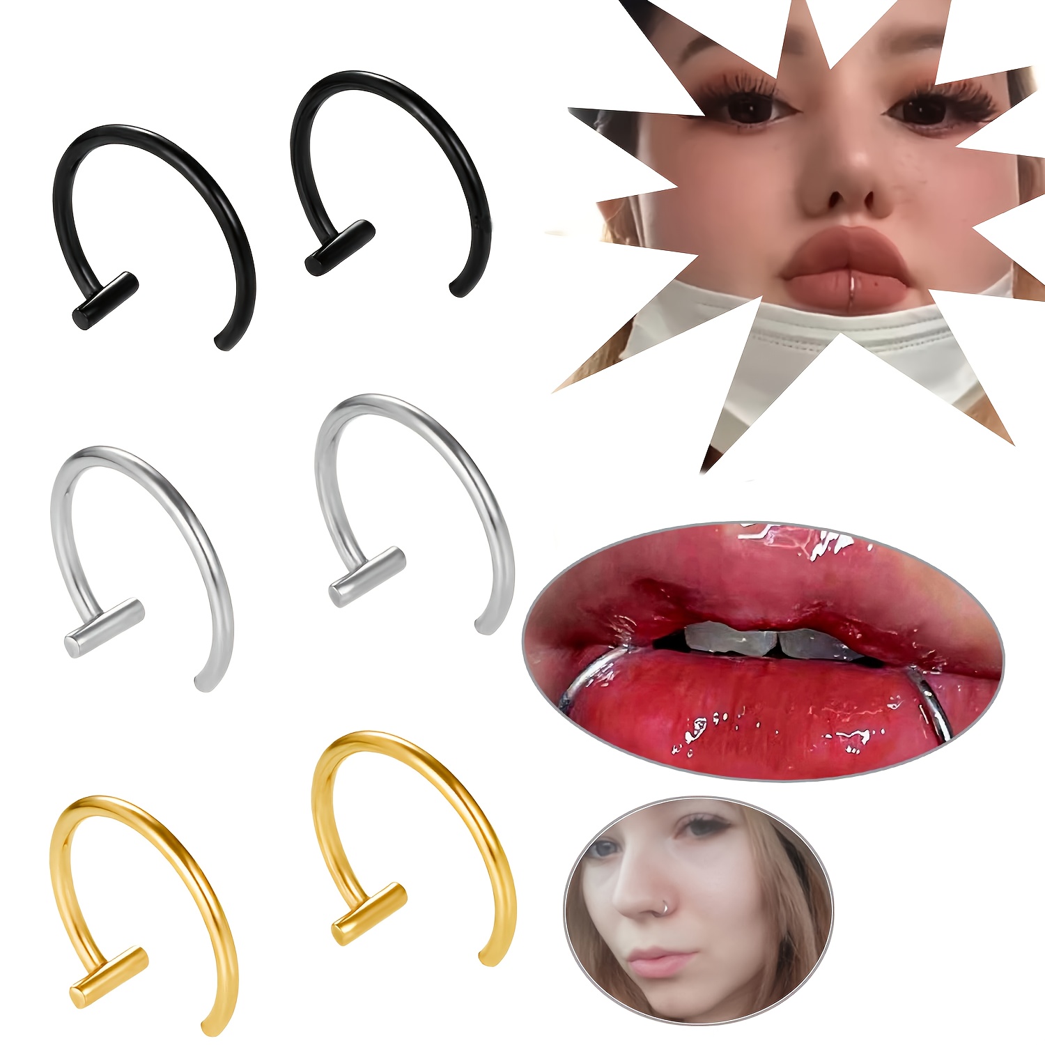 2pcs C-Shaped Stainless Steel Lip Rings, Punk Style