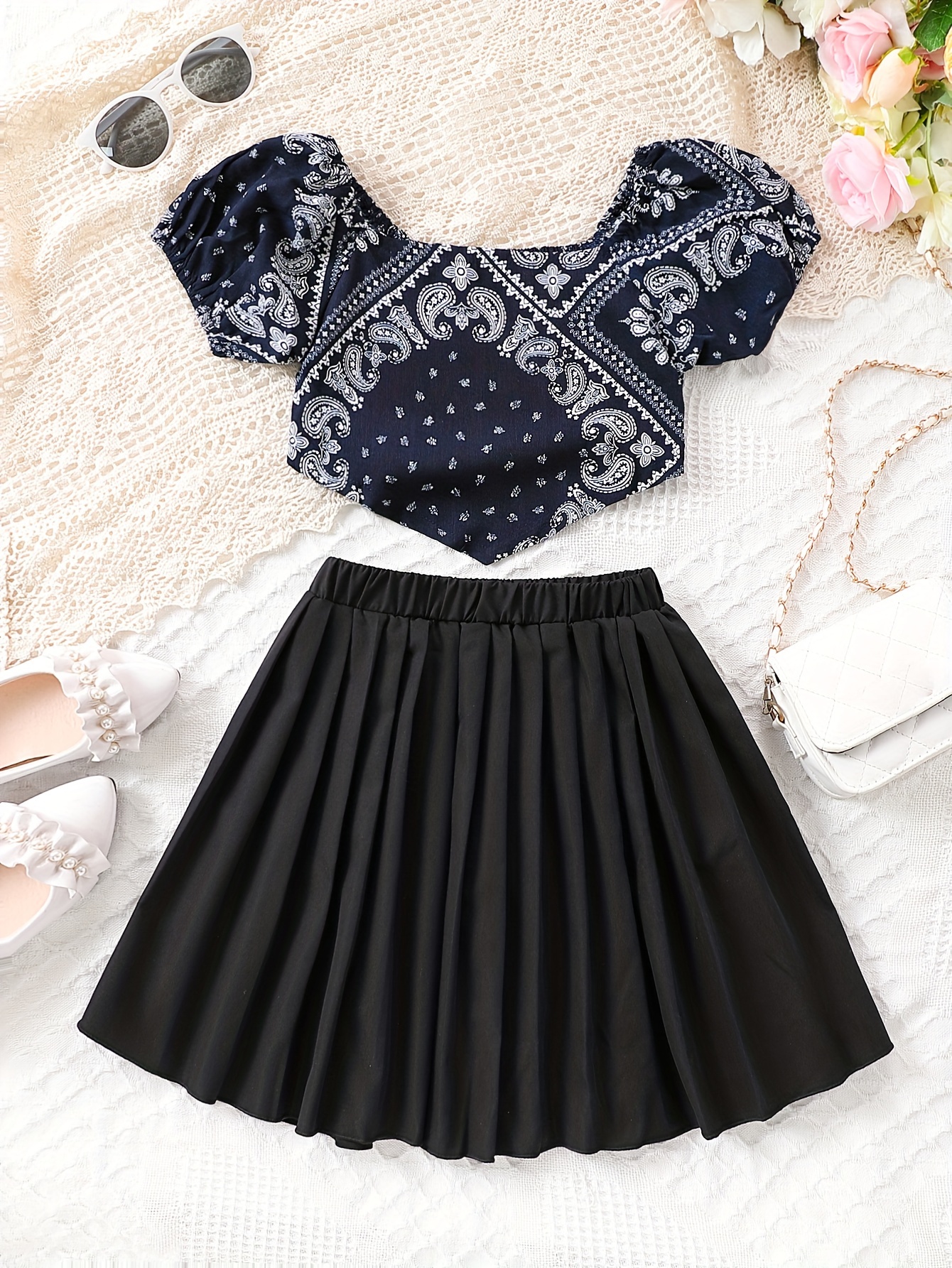 Women's Lace Two Piece Set Casual Party Short Sleeve Crop Top and Mini  Skirt Set