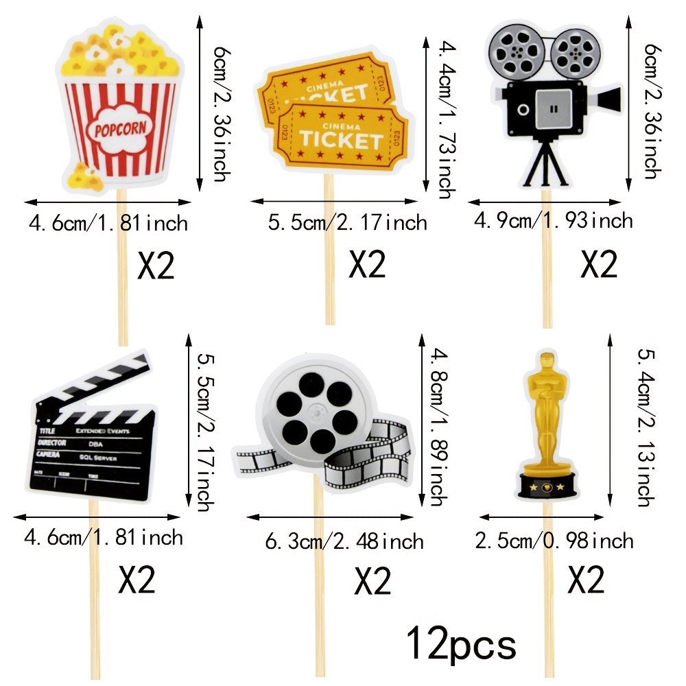 12 Movie-themed Cupcake Decorations Featuring Sparkling Film Night Rolls, Cameras, And Popcorn, Suitable For -themed Birthday Party Cake Supplies