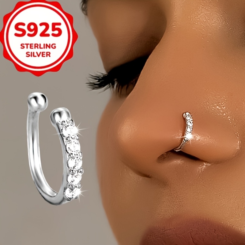TEMU Set Of 2 Bohemian Chic Faux Nose Rings, Made Of 925 Sterling Silver With Cubic Zirconia, No Piercing Required, Trendy Hip Hop Jewelry