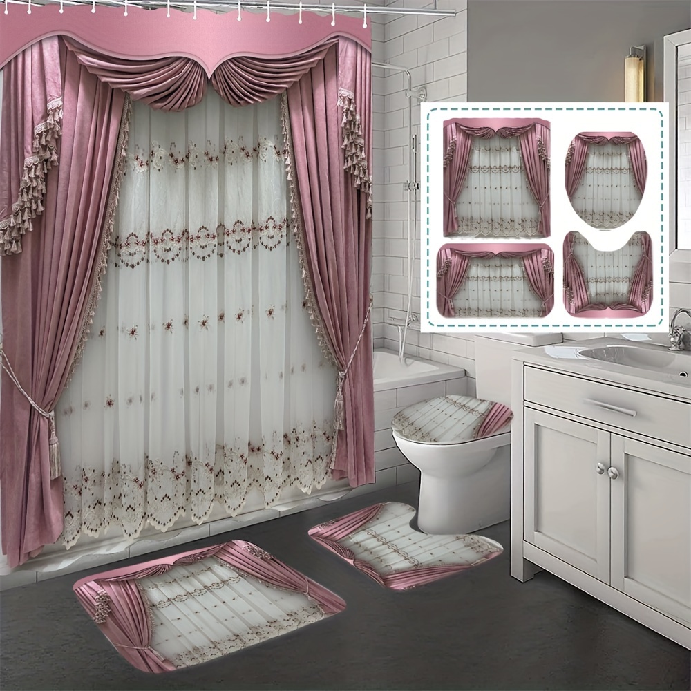 

Pink Luxurious Curtain Pattern Bathroom 4pcs Bathroom Decoration Fabric Shower Curtain Non-slip Bath Mat Toilet Mat