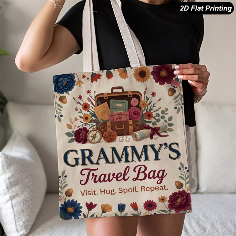TEMU 1pc Unisex Tote Bag 2d Flat Grammy Travel Bag Canvas Handbag Shoulder Bag, Commuter Canvas Bag, Portable Shopping Bag, Student Notebook