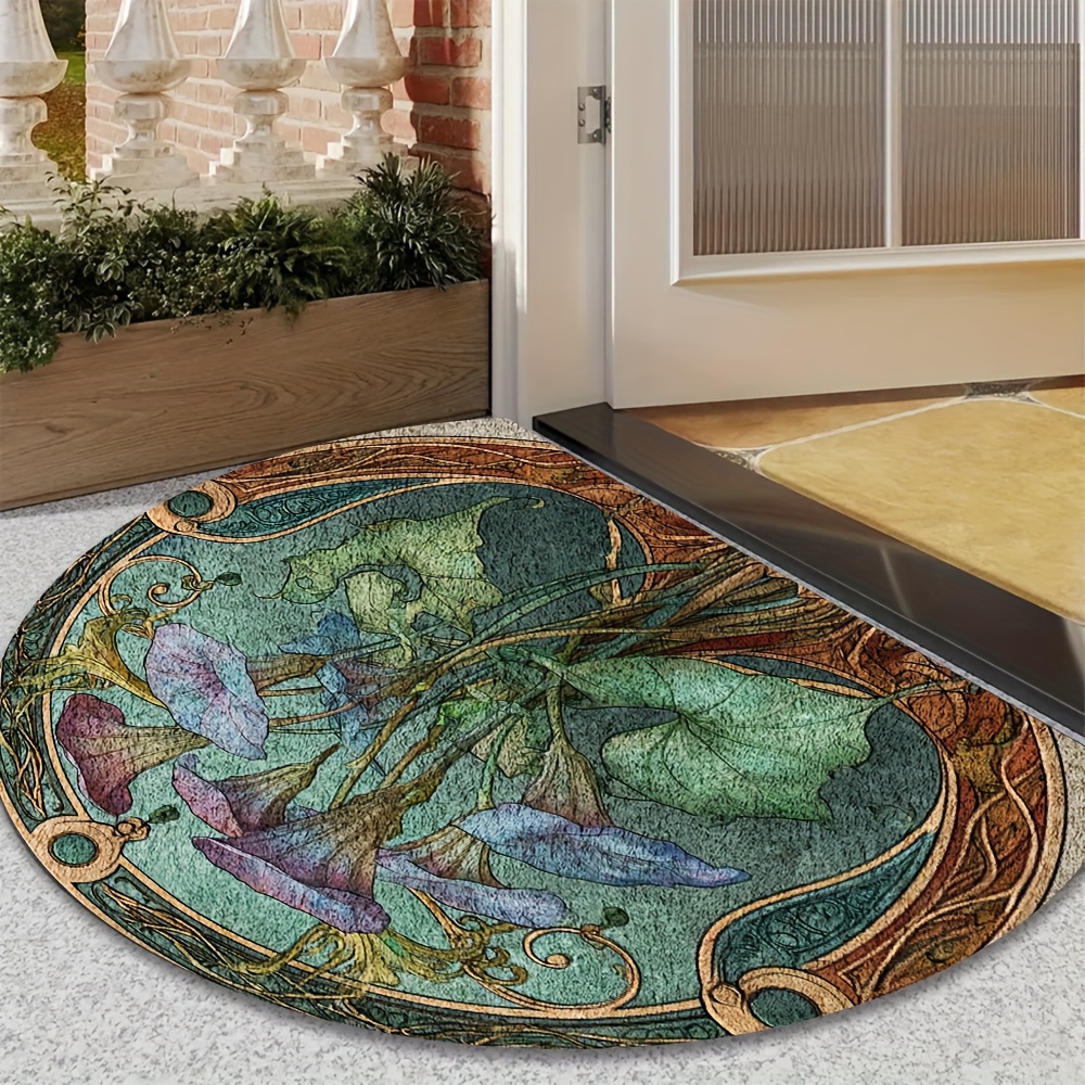 TEMU 1pc Semi-circular Floor Mat Suitable For Home - Floral Botanical Half-round, Machine-washable Soft Entryway Suitable For Patio, , Bathroom,
