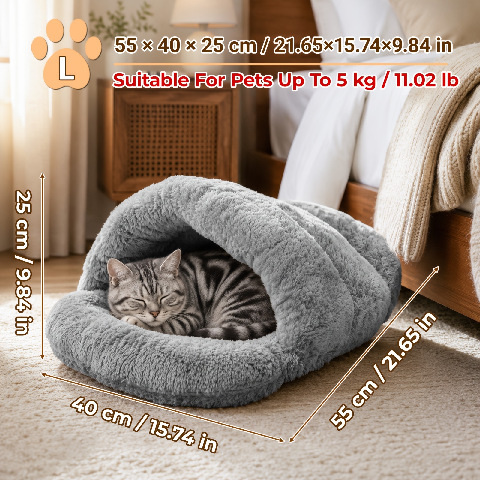 TEMU [2026 Newly Upgraded] Autumn/winter Warm Slipper-style Cat Bed, Semi-enclosed Windproof Cave, 1pc Thickened Insulated Cat Bed, Sleeping Pad For