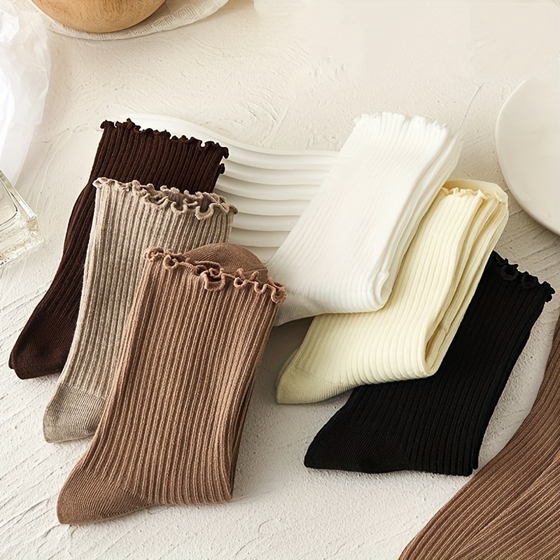 E-shop 5 Paar Damen Socken, einfarbig, mittelhohe Rüschen - Weiche, gestapelte Streifenstruktur, 5 neutrale Farbtöne, geeignet für Freizeit- und