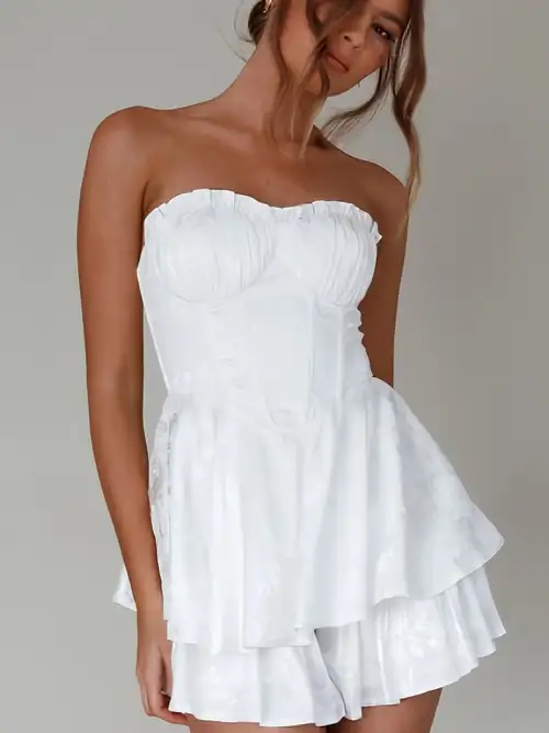 jacquard fitted ruffle hem strapless mini dress Strapless Floral Fit And Flare Mini Dress 49804